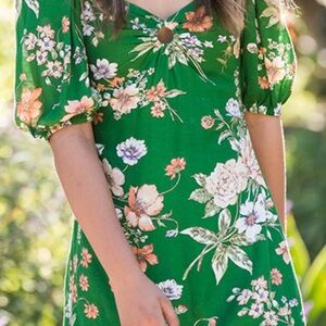 Sim & Sam Green Tropical Puff Sleeve Dress